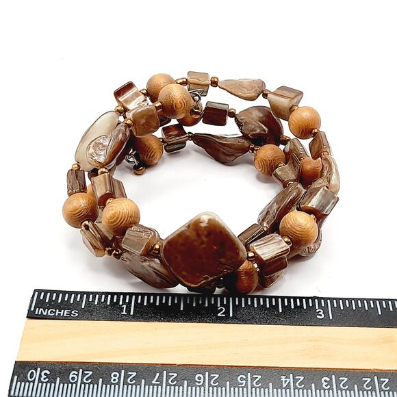 Vintage Shell Wooden Seed Bead Memory Wire Bracelet, Shades of Brown - Picture 5 of 9